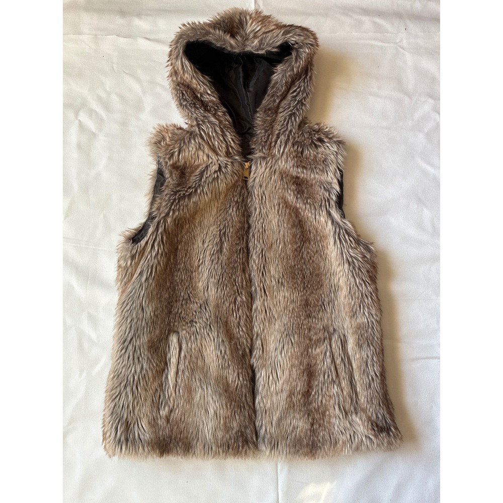 rue21 Faux Fur Vest Womens XL Brown Hooded Full Zip Sleeveless Jacket